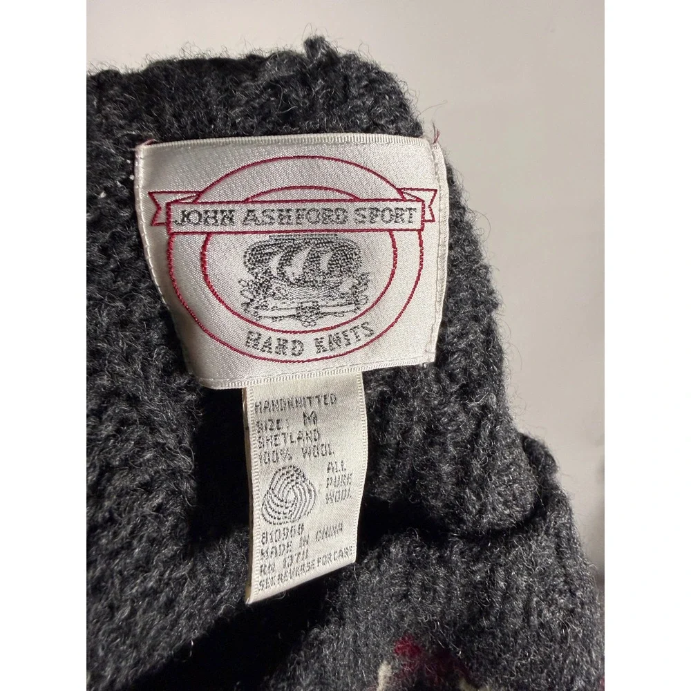 John Ashford Sport Mens Gray Fair Isle Shetland Wool Hand Knitted Sweater Medium